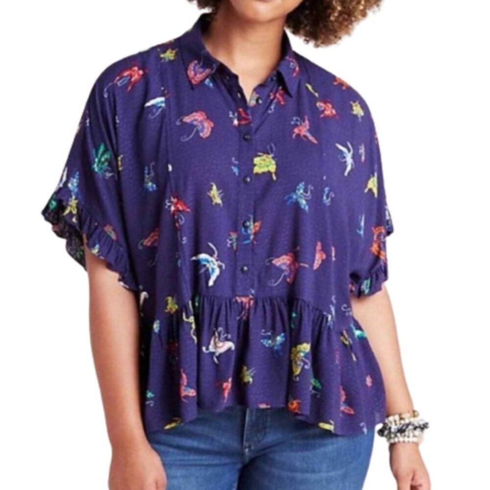 Anthropologie Blouse Womens Medium Blue Butterfly Short Sleeve Button Peplum Hem